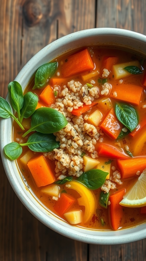 A colorful bowl of quinoa vegetable soup with carrots, zucchini, and spinach, garnished with lemon, on a rustic table.